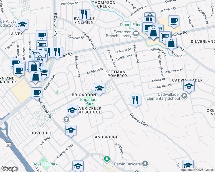 map of restaurants, bars, coffee shops, grocery stores, and more near 2507 Bankhead Way in San Jose