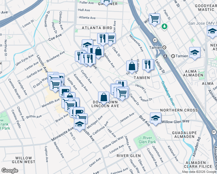 map of restaurants, bars, coffee shops, grocery stores, and more near 1315 Bird Avenue in San Jose
