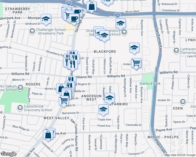 map of restaurants, bars, coffee shops, grocery stores, and more near 4040 Williams Road in San Jose