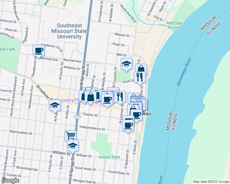 map of restaurants, bars, coffee shops, grocery stores, and more near 314 North Fountain Street in Cape Girardeau