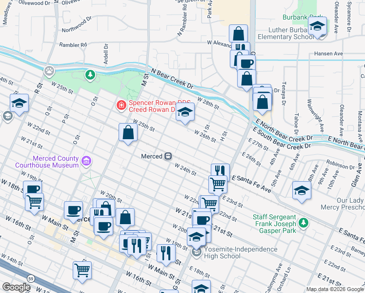 map of restaurants, bars, coffee shops, grocery stores, and more near 254 West 25th Street in Merced