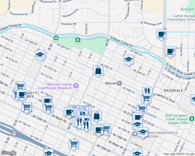 map of restaurants, bars, coffee shops, grocery stores, and more near 517 West 23rd Street in Merced