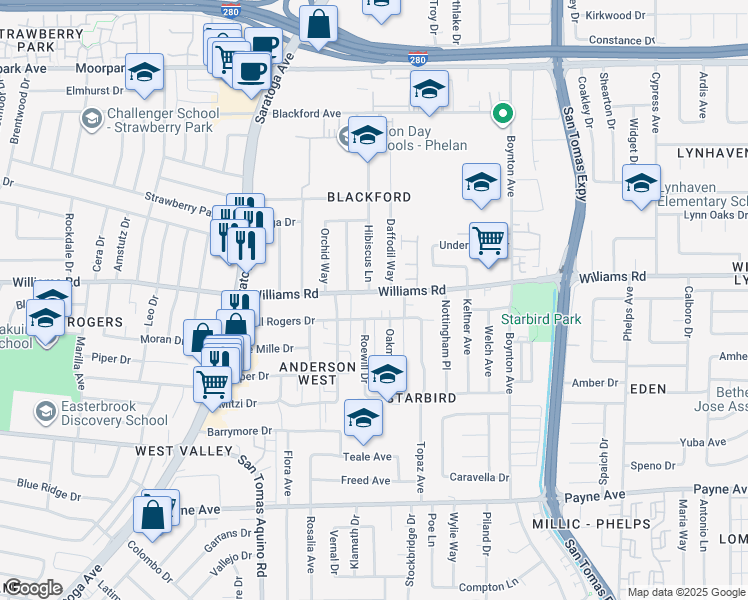map of restaurants, bars, coffee shops, grocery stores, and more near 4010 Williams Road in San Jose