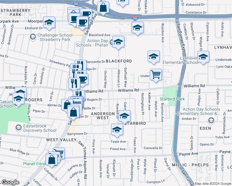 map of restaurants, bars, coffee shops, grocery stores, and more near 4010 Williams Road in San Jose