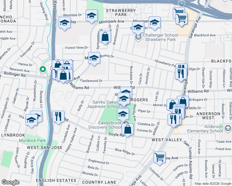 map of restaurants, bars, coffee shops, grocery stores, and more near 4751 Blanco Drive in San Jose