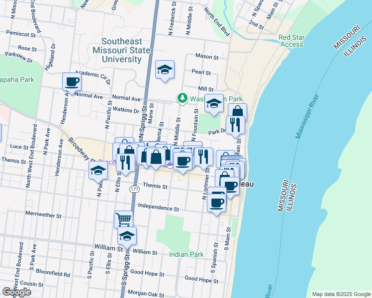 map of restaurants, bars, coffee shops, grocery stores, and more near 426 Bellevue Street in Cape Girardeau