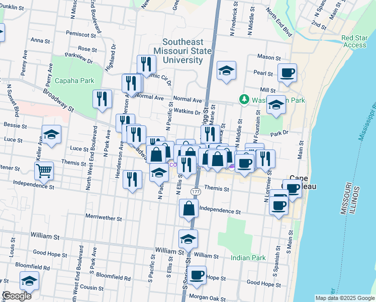 map of restaurants, bars, coffee shops, grocery stores, and more near 727 Bellevue Street in Cape Girardeau