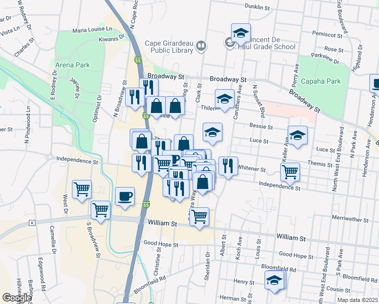 map of restaurants, bars, coffee shops, grocery stores, and more near 111 Clark Street in Cape Girardeau