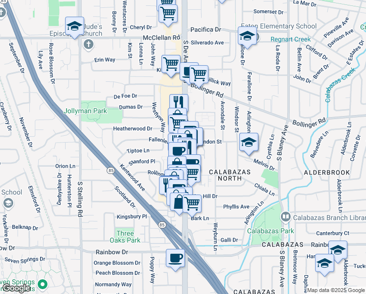 map of restaurants, bars, coffee shops, grocery stores, and more near 1047b South De Anza Boulevard in San Jose