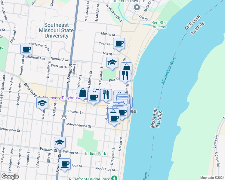 map of restaurants, bars, coffee shops, grocery stores, and more near 314 North Lorimier Street in Cape Girardeau