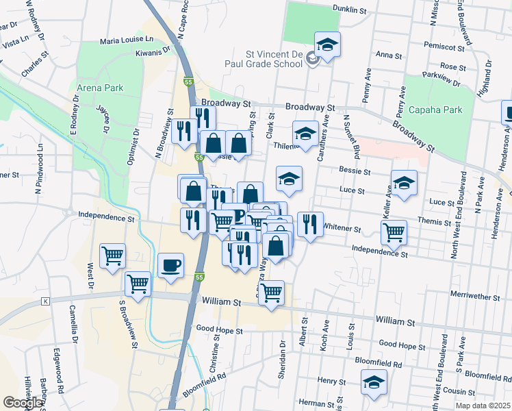 map of restaurants, bars, coffee shops, grocery stores, and more near 111 Clark Street in Cape Girardeau