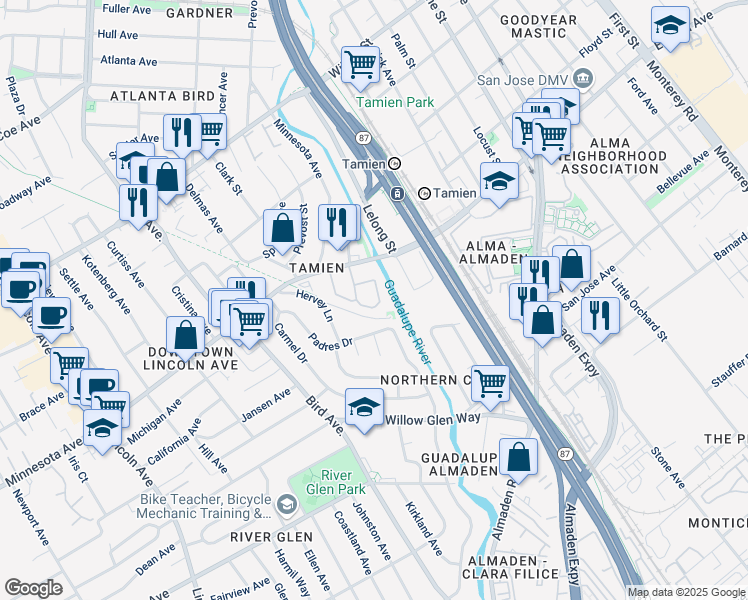 map of restaurants, bars, coffee shops, grocery stores, and more near 1523 Alma Terrace in San Jose