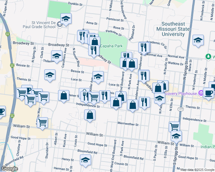 map of restaurants, bars, coffee shops, grocery stores, and more near 1453 Luce Street in Cape Girardeau