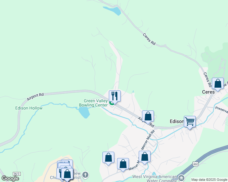map of restaurants, bars, coffee shops, grocery stores, and more near 205 Mountaineer Lane in Bluefield