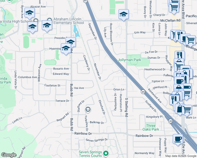 map of restaurants, bars, coffee shops, grocery stores, and more near 1067 November Drive in Cupertino