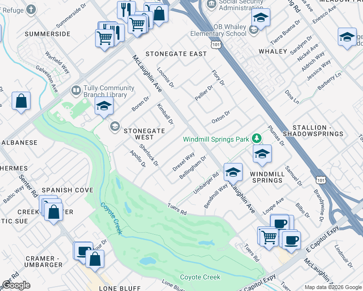 map of restaurants, bars, coffee shops, grocery stores, and more near 1097 Cheswick Drive in San Jose