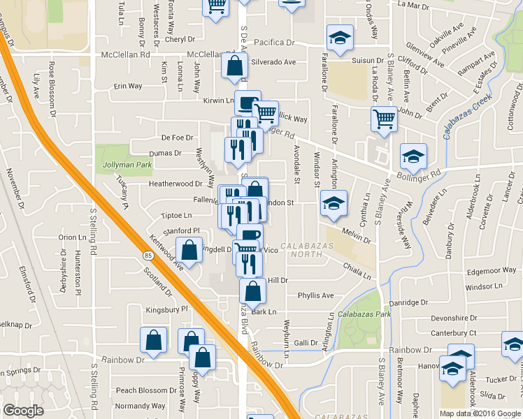 map of restaurants, bars, coffee shops, grocery stores, and more near 7214 Clarendon Street in San Jose
