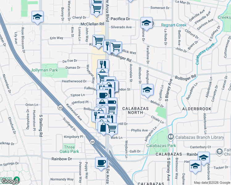 map of restaurants, bars, coffee shops, grocery stores, and more near 7214 Clarendon Street in San Jose