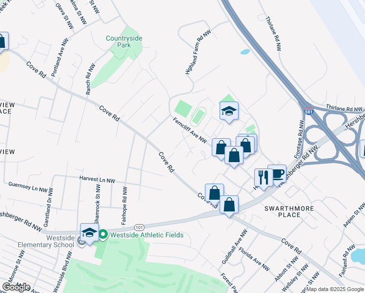 map of restaurants, bars, coffee shops, grocery stores, and more near 3533 Ferncliff Avenue Northwest in Roanoke