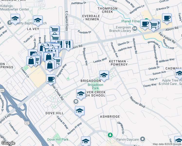 map of restaurants, bars, coffee shops, grocery stores, and more near 3341 Innerwick Lane in San Jose