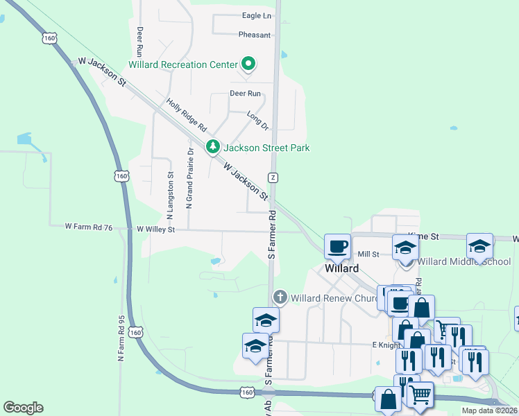 map of restaurants, bars, coffee shops, grocery stores, and more near 203 Cherry Lane in Willard