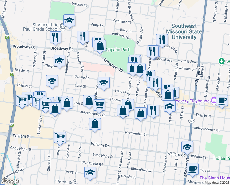 map of restaurants, bars, coffee shops, grocery stores, and more near 1451 Luce Street in Cape Girardeau
