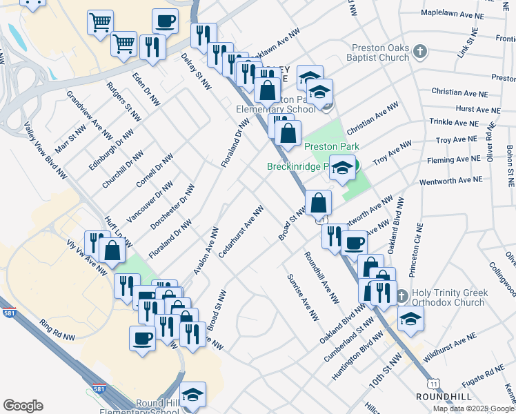 map of restaurants, bars, coffee shops, grocery stores, and more near 4002 Richland Avenue Northwest in Roanoke