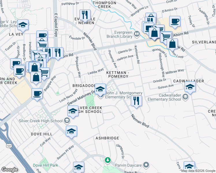 map of restaurants, bars, coffee shops, grocery stores, and more near 2507 Bankhead Way in San Jose