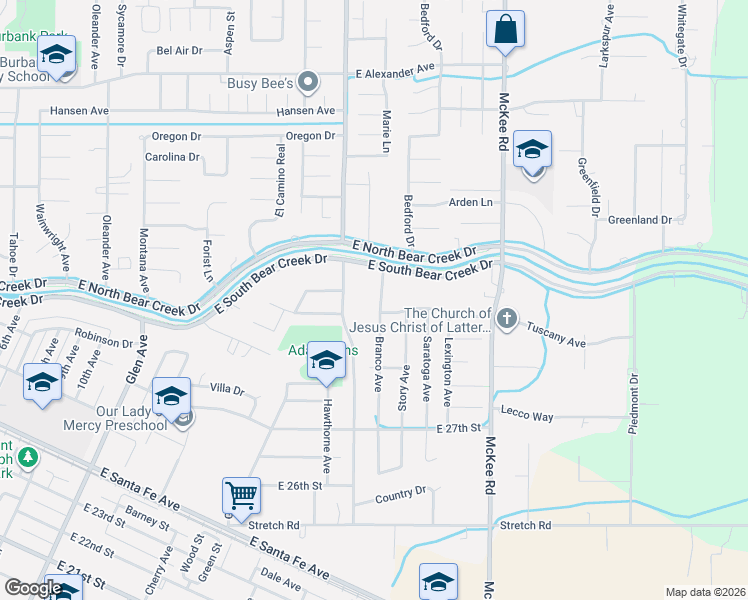 map of restaurants, bars, coffee shops, grocery stores, and more near 2787 Branco Avenue in Merced