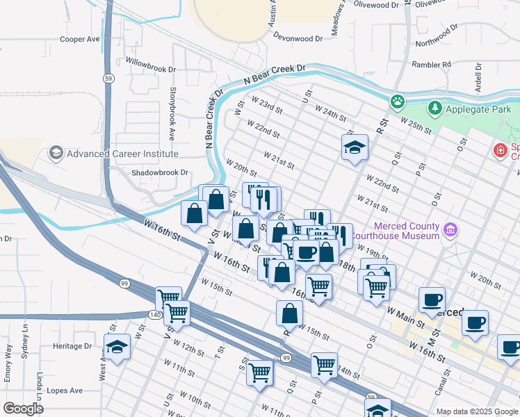 map of restaurants, bars, coffee shops, grocery stores, and more near 1336 West 19th Street in Merced