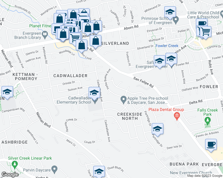 map of restaurants, bars, coffee shops, grocery stores, and more near 3756 Yerba Buena Avenue in San Jose