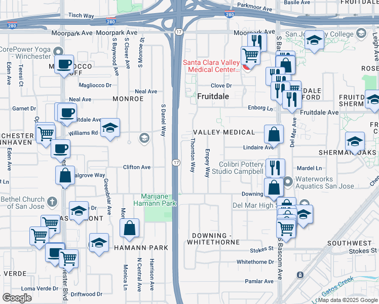 map of restaurants, bars, coffee shops, grocery stores, and more near 1009 Thornton Way in San Jose