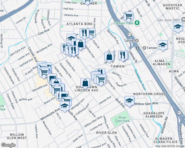 map of restaurants, bars, coffee shops, grocery stores, and more near 1336 Bird Avenue in San Jose