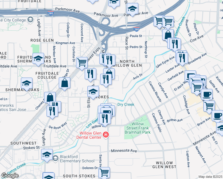 map of restaurants, bars, coffee shops, grocery stores, and more near 990 Meridian Avenue in San Jose