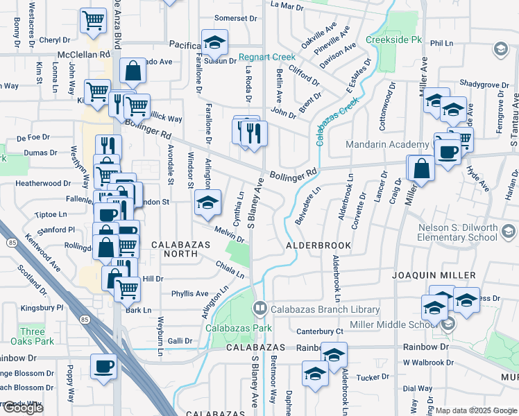 map of restaurants, bars, coffee shops, grocery stores, and more near 6780 Mason Way in San Jose