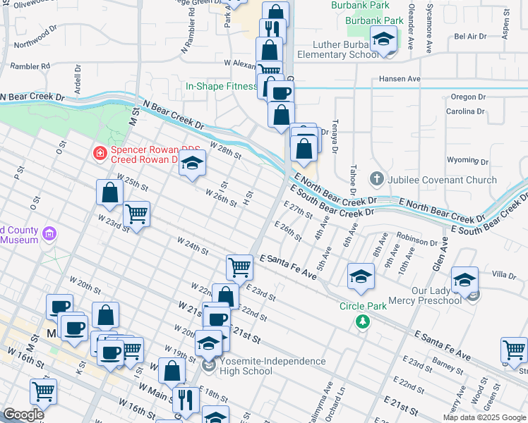 map of restaurants, bars, coffee shops, grocery stores, and more near 11 West 26th Street in Merced