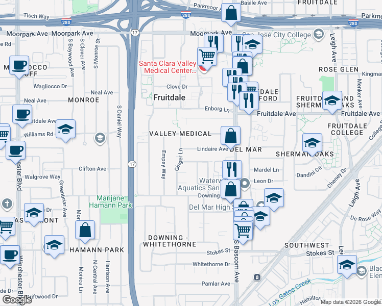 map of restaurants, bars, coffee shops, grocery stores, and more near 2344 Lindaire Avenue in San Jose