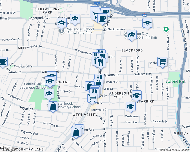 map of restaurants, bars, coffee shops, grocery stores, and more near 1005 Saratoga Ave in San Jose
