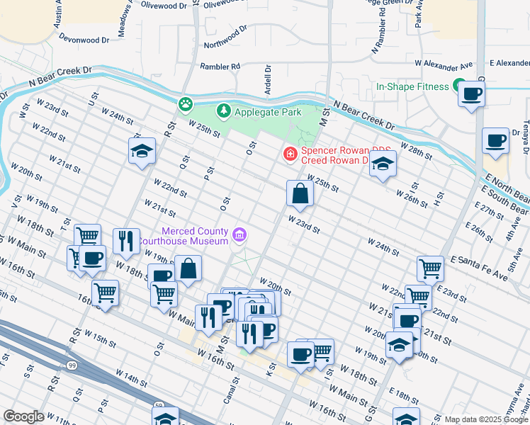 map of restaurants, bars, coffee shops, grocery stores, and more near 2260 N Street in Merced