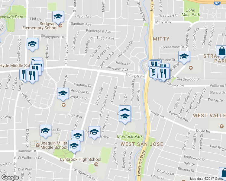 map of restaurants, bars, coffee shops, grocery stores, and more near 1043 Oaktree Drive in San Jose