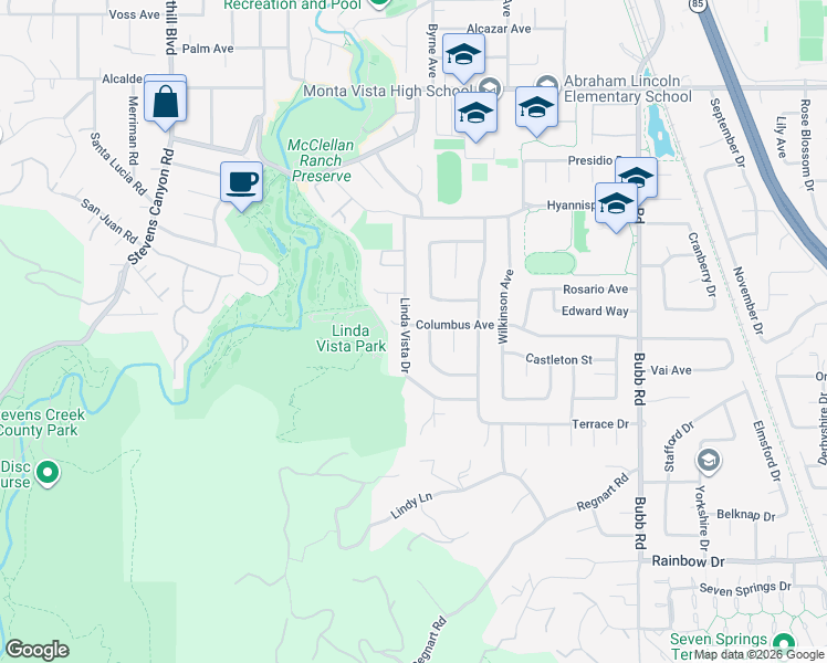 map of restaurants, bars, coffee shops, grocery stores, and more near 11046 Linda Vista Drive in Cupertino