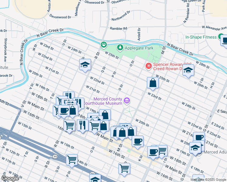 map of restaurants, bars, coffee shops, grocery stores, and more near 826 W 22nd St in Merced