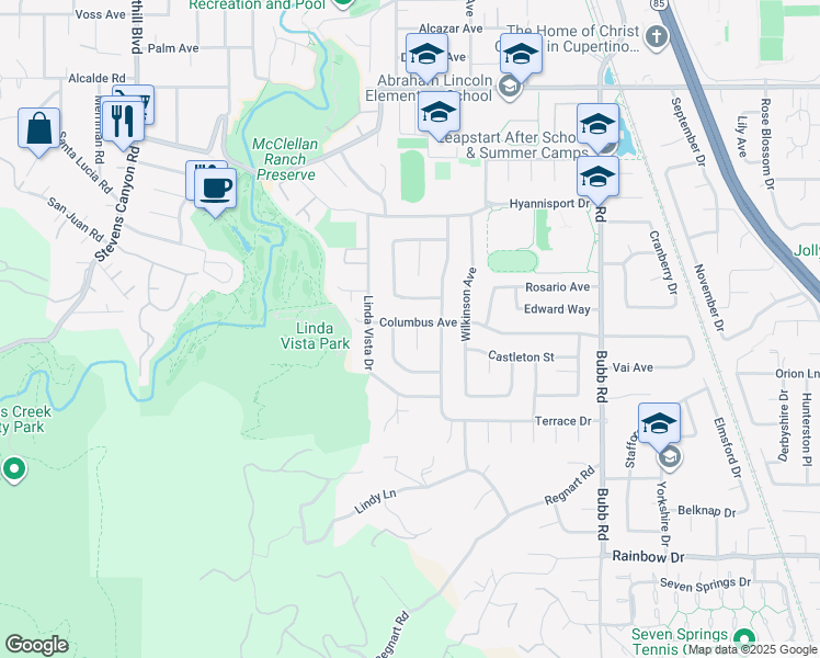 map of restaurants, bars, coffee shops, grocery stores, and more near 11053 Bel Aire Court in Cupertino