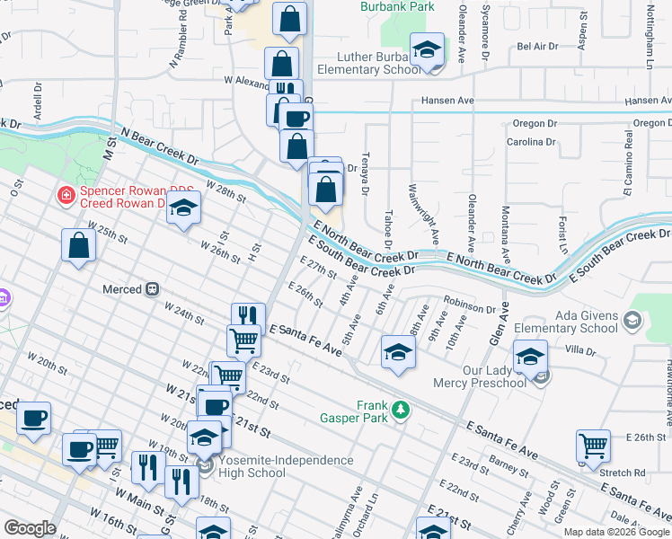 map of restaurants, bars, coffee shops, grocery stores, and more near 299 East 27th Street in Merced