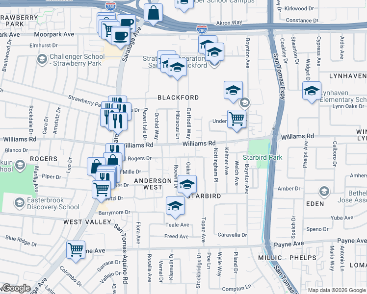 map of restaurants, bars, coffee shops, grocery stores, and more near 3982 Williams Road in San Jose