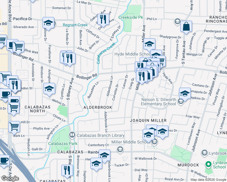 map of restaurants, bars, coffee shops, grocery stores, and more near 1043 Corvette Drive in San Jose
