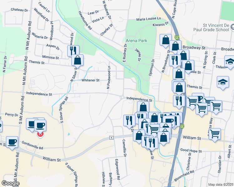 map of restaurants, bars, coffee shops, grocery stores, and more near 2704 Independence Street in Cape Girardeau