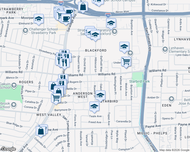 map of restaurants, bars, coffee shops, grocery stores, and more near 4010 Williams Road in San Jose