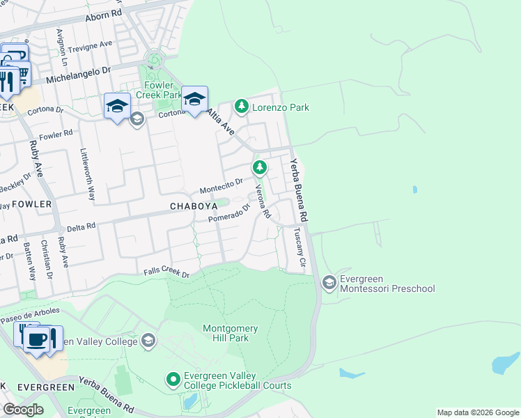 map of restaurants, bars, coffee shops, grocery stores, and more near 3365 Falls Creek Drive in San Jose