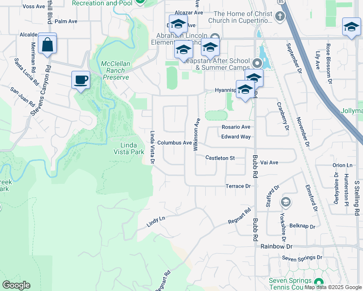 map of restaurants, bars, coffee shops, grocery stores, and more near 11050 Santa Teresa Drive in Cupertino